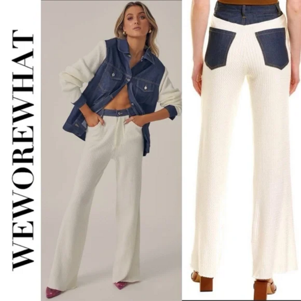 WeWoreWhat High Rise Denim Cable Knit Wide Leg Jean in Cream